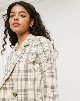 Monki Twiggy co-ord check double breasted blazer in beige | ASOS (Global)