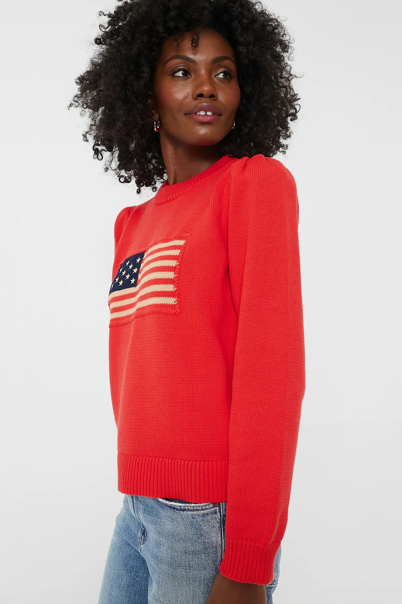 Red Cropped Puff Sleeve Americana Sweater | Tuckernuck (US)