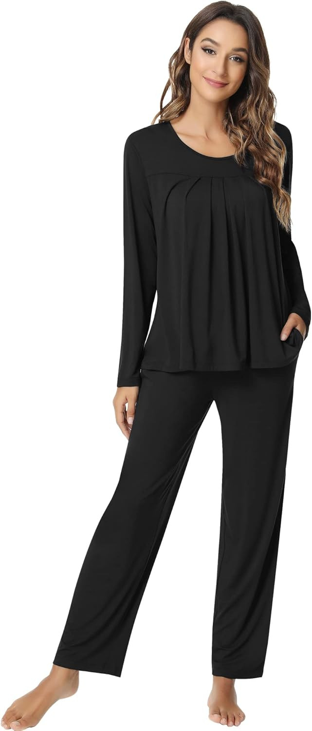 NACHILA Women's Bamboo Pajamas Long Sleeve Sleepwear Set Soft Pj Loungewear Pants Set S-XXL | Amazon (US)