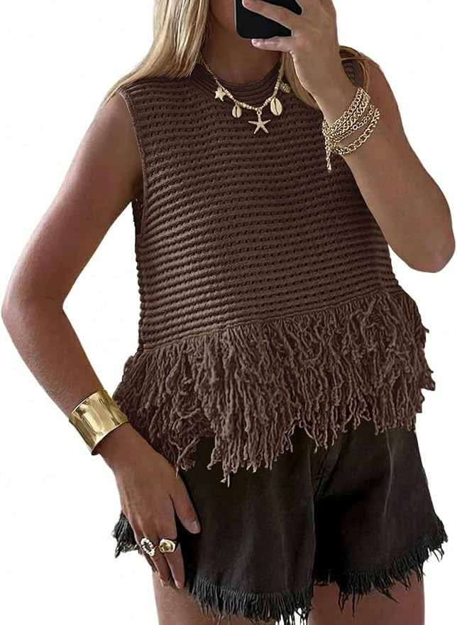 Saodimallsu Womens Crochet Crop Tank Tops Fringe Boho Summer Sweater Vest | Amazon (US)