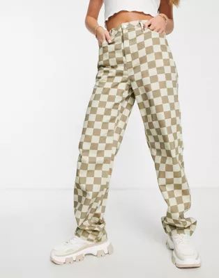 NA-KD X Olivia LVS checkerboard straight leg jeans in beige | ASOS (Global)