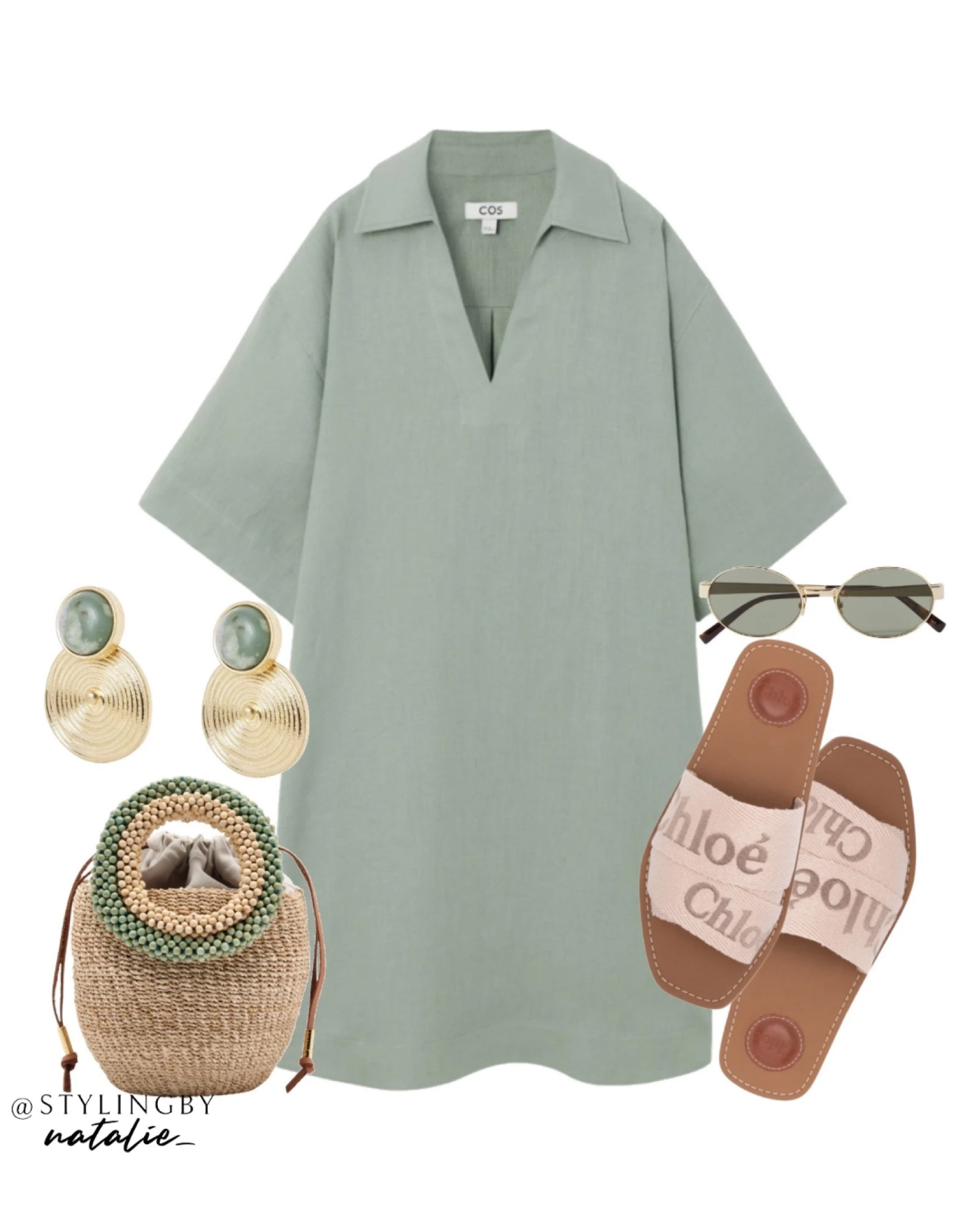 Sage green open collar linen shirt dress, Chloe woody sandals, raffia bucket bag, oval sunglasses & gold disc earrings. Smart casual look, seasonal outfit, summer dress, holiday outfit, summer outfit.

#LTKstyletip #LTKeurope #LTKsummer