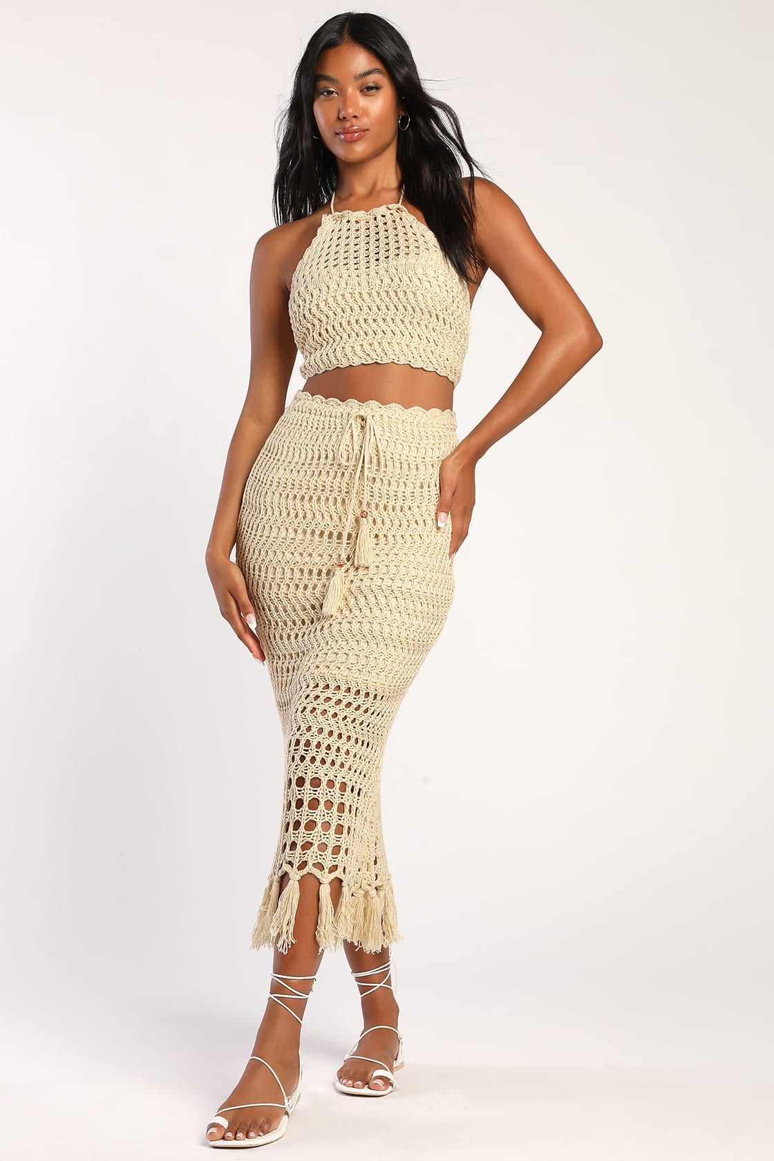 Knit the Beach Beige Crochet Halter Two-Piece Midi Dress | Lulus
