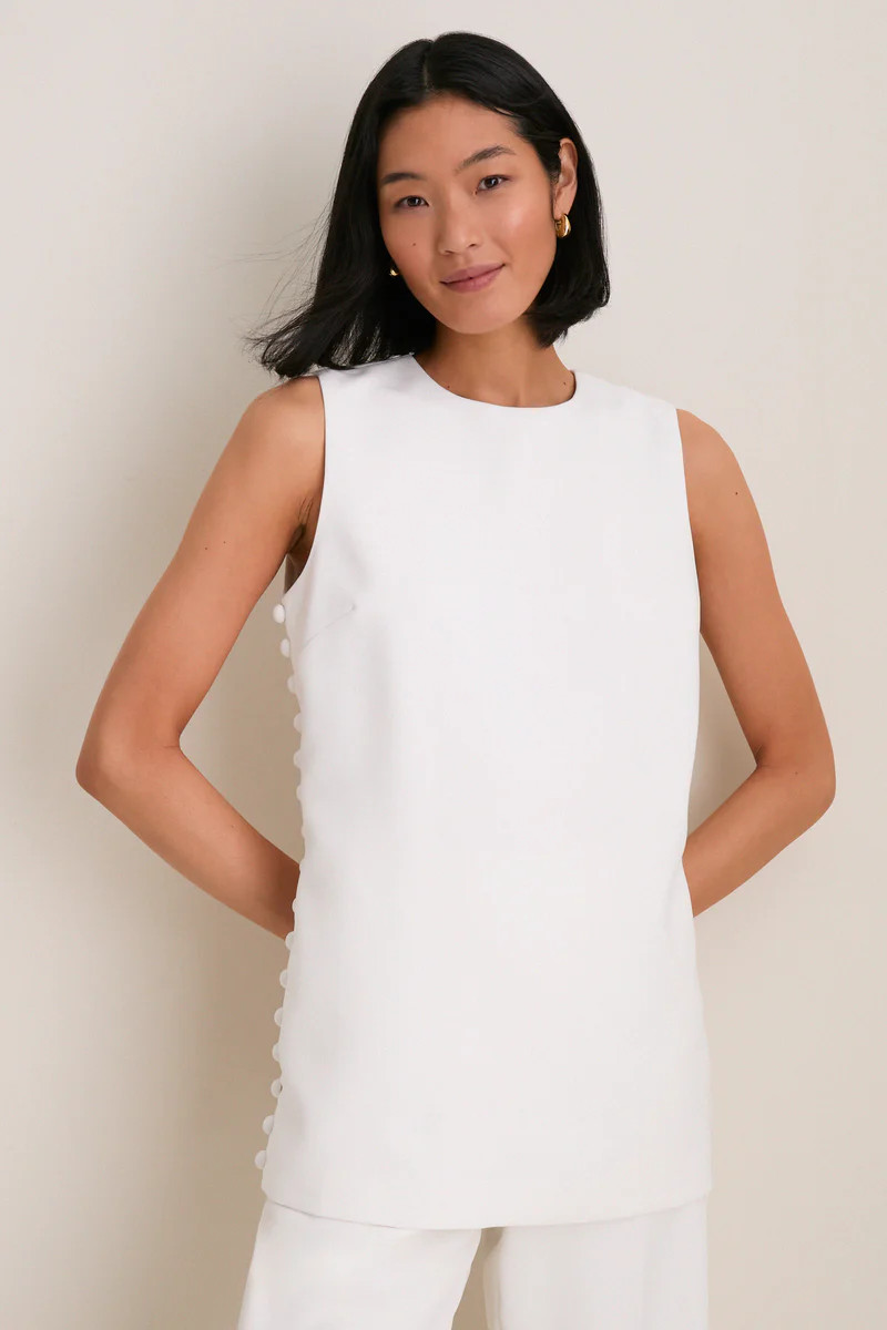 White Crepe Sleeveless Covered Buttons Millie Top | Tuckernuck (US)