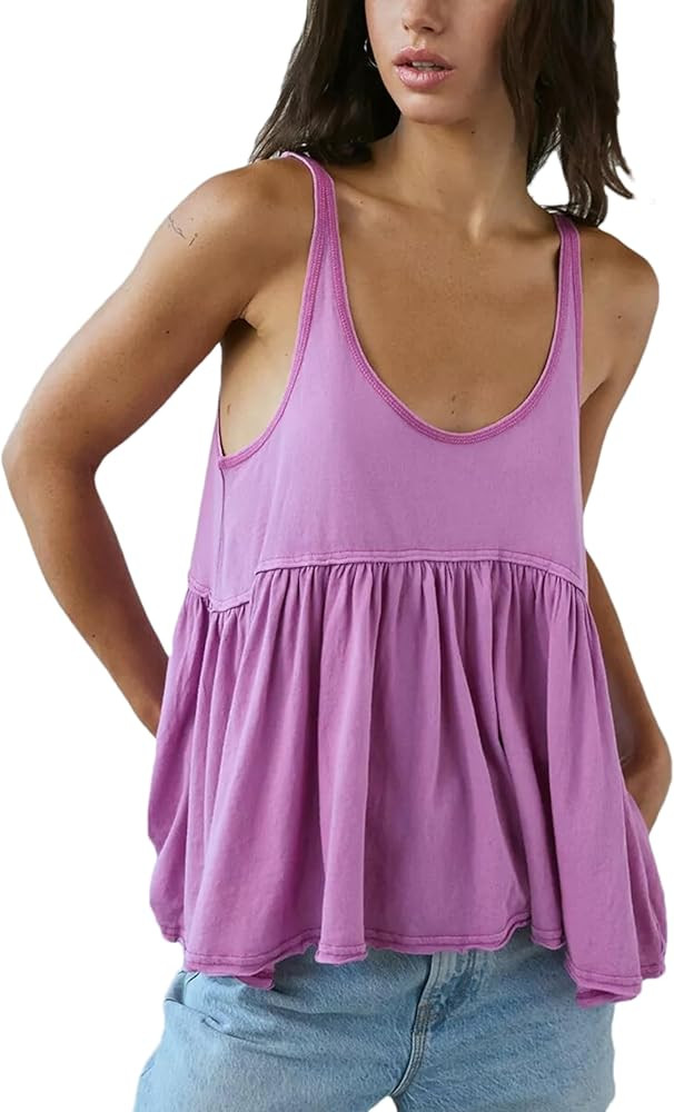 Lumister Womens Cute Babydoll Tops Sleeveless Ruffle Strap Causal T Shirts Tank Summer Tops 2025(0791-Purple-XL) at Amazon Women\u2019s Clothing store | Amazon (US)