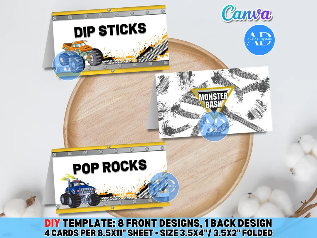 Monster Truck, DIGITAL DIY Template Food Tent Food Label Food Cards Food Tags Place Cards Seating... | Etsy (US)