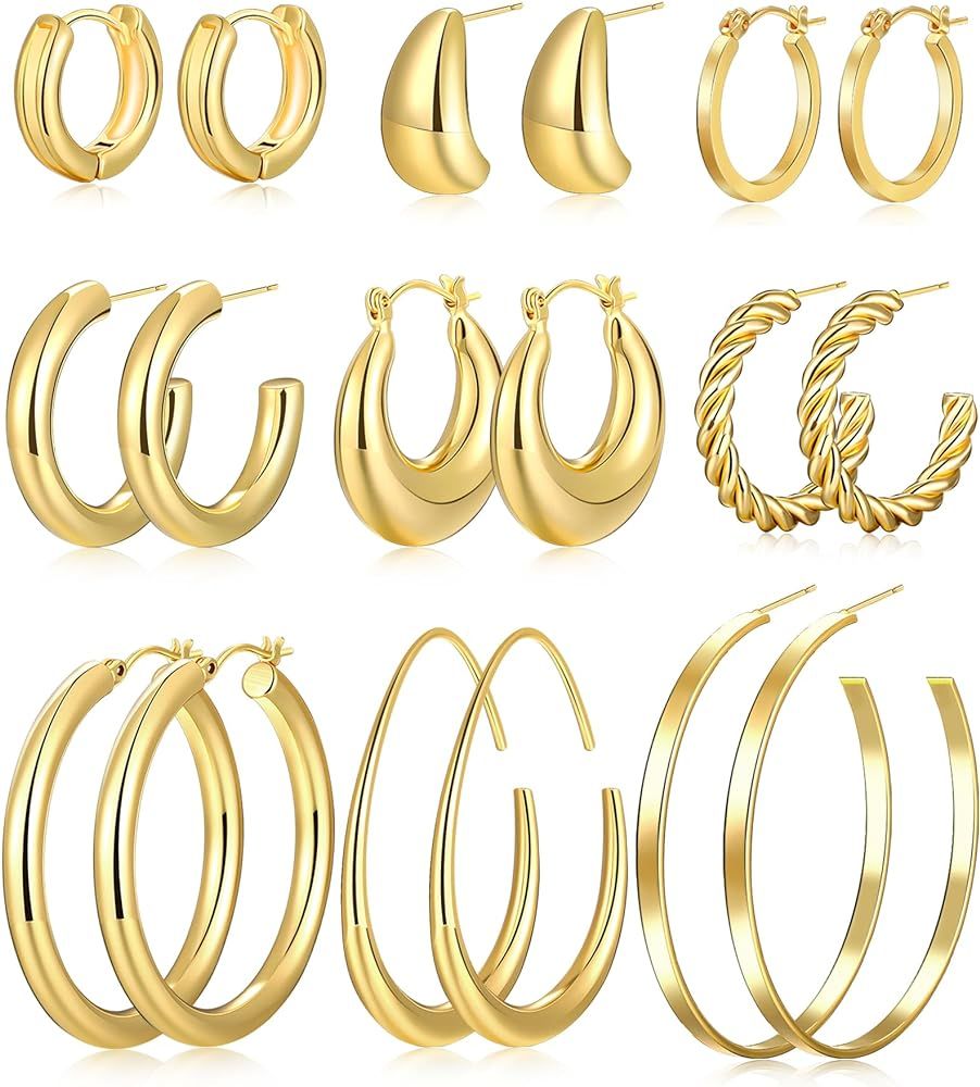 9 Pairs Chunky Gold Hoop Earrings Set for Women, 14K Gold Plated Lightweight Hypoallergenic Thick... | Amazon (US)