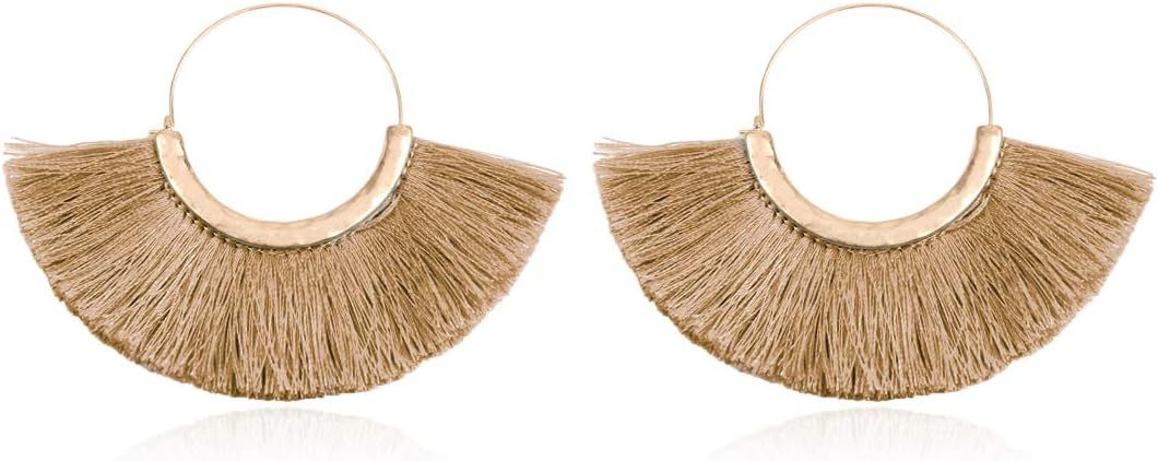 Bohemian Silky Thread Tassel Strand Fringe Statement Hoop Earrings - Lightweight Semi Circle Fan ... | Amazon (US)