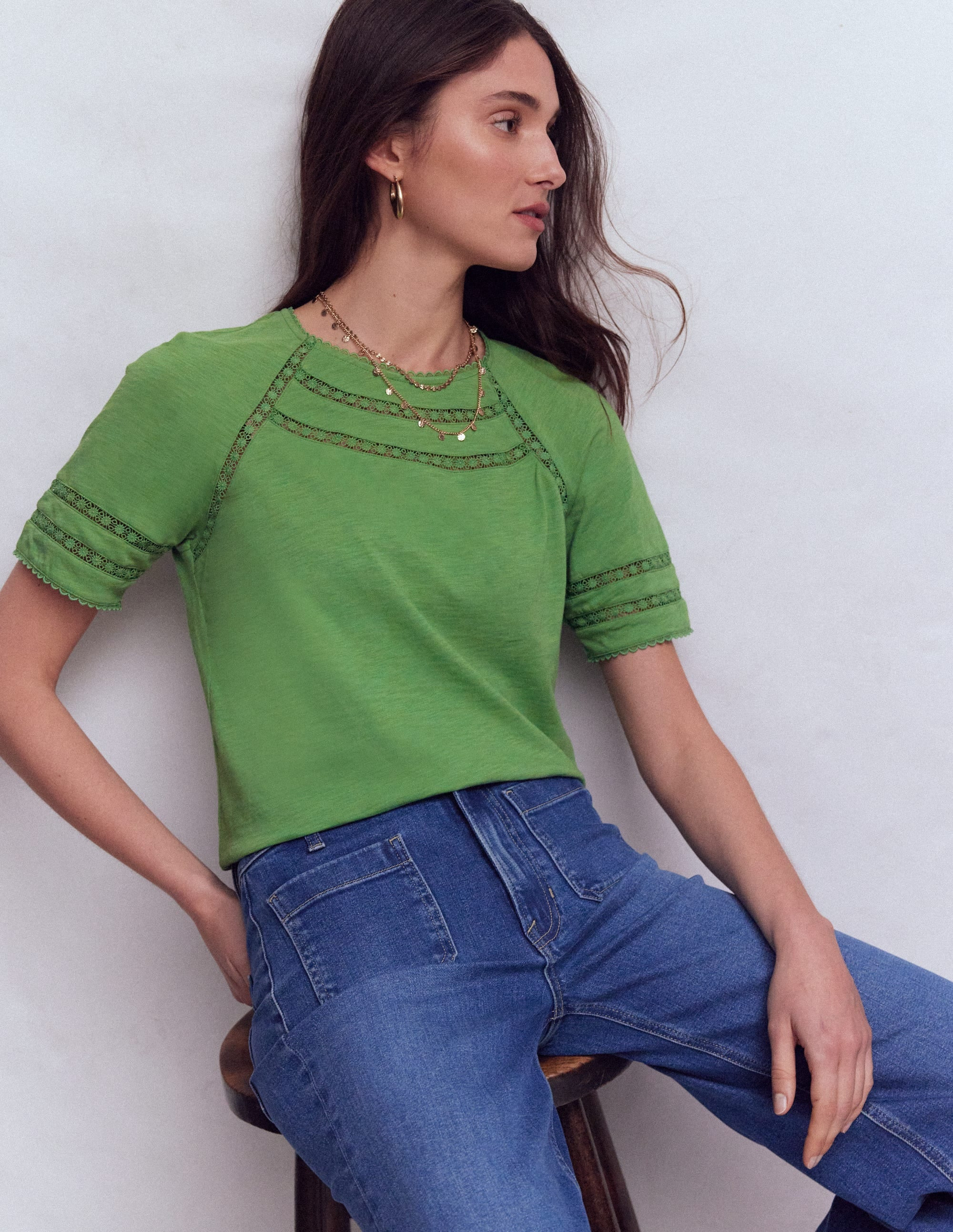 Poppy Trim Crew T-shirt-Stone Green | Boden (US)