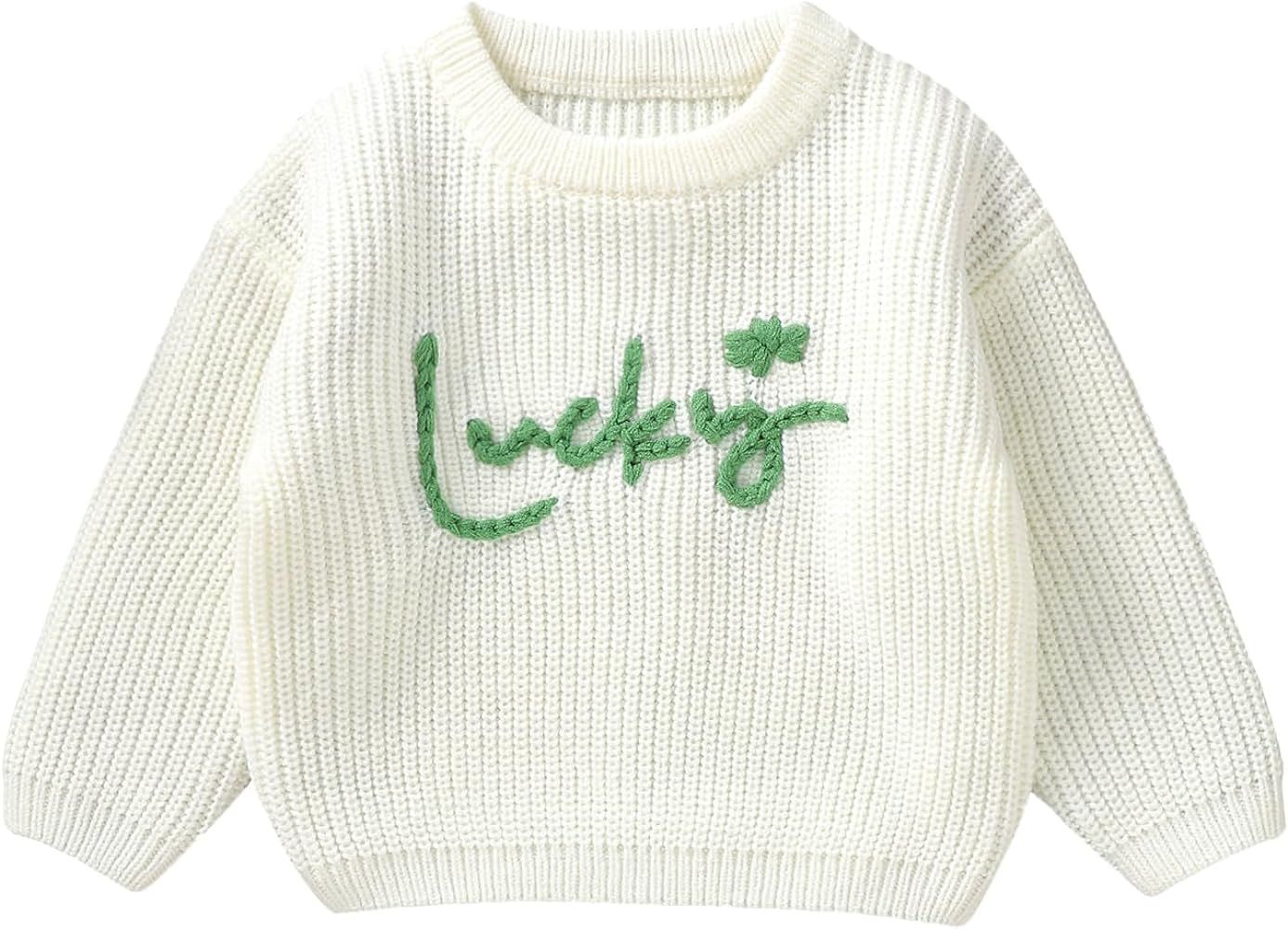 Toddler Baby Girl St Patricks Day Outfit Lucky Clover Long Sleeve Knit Sweater Pullover Sweatshir... | Amazon (US)