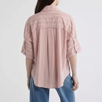 Womens Striped Button Down Shirts Oversized Slightly Puffed Short Sleeve Cotton Blouses Casual Co... | Amazon (US)