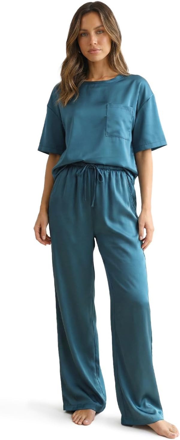 Zylioo Womens Pajama Sets Tall Satin 2 Piece Pajamas for Women Set Short Sleeve Top & Long Pants ... | Amazon (US)
