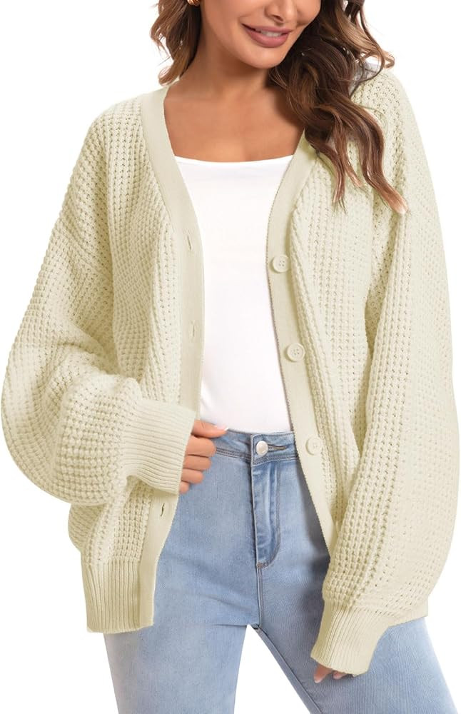 QUALFORT Cardigan Sweaters for Women 100% Cotton Button-Down Oversized Knit Outerwear Fall Tops f... | Amazon (US)