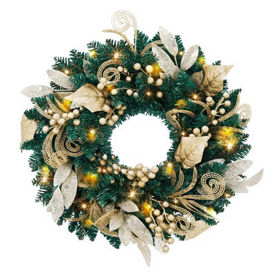 18 In Christmas Wreath for Front Door, Artificial Christmas Wreath  with Gold Leaves and Berries, Holiday Wreaths for Door Fireplace Decor, Gold | Target