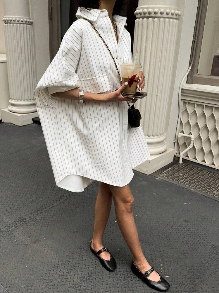 Celisse Striped Drop Shoulder Loose Shirt Dress With Pockets, Summer | SHEIN
