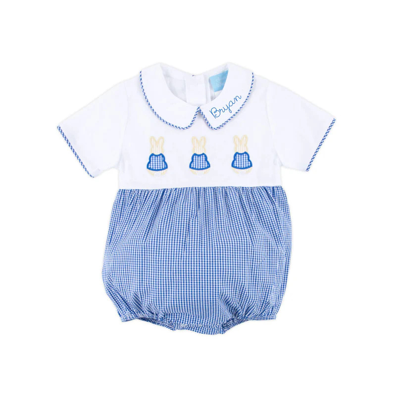 Storybook Bunny Trio Blue Gingham Collared Bubble | Classic Whimsy