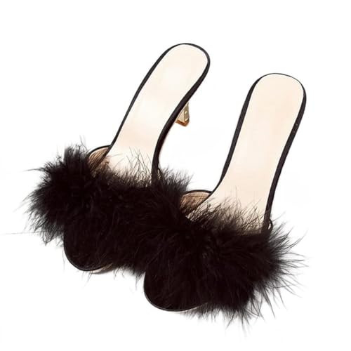YIBLBOX Women's Round Toe Sandal Fluffy Feather Sexy Slippers Kitten Heeled Slippers Black 8.5 | Amazon (US)
