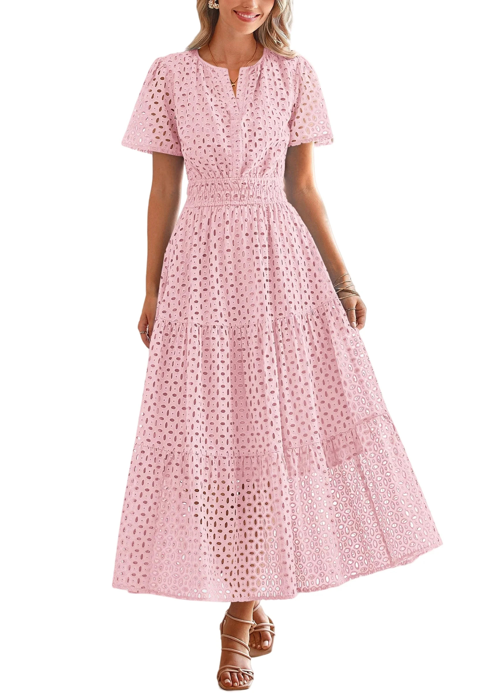 PRETTYGARDEN Womens Summer Maxi Dress Short Sleeve V Neck Hollow Out Eyelet A Line Long Flowy Bea... | Walmart (US)