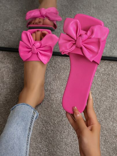 Women Bow Decor Flat Sandals, Funky Pink Slide Sandals | SHEIN