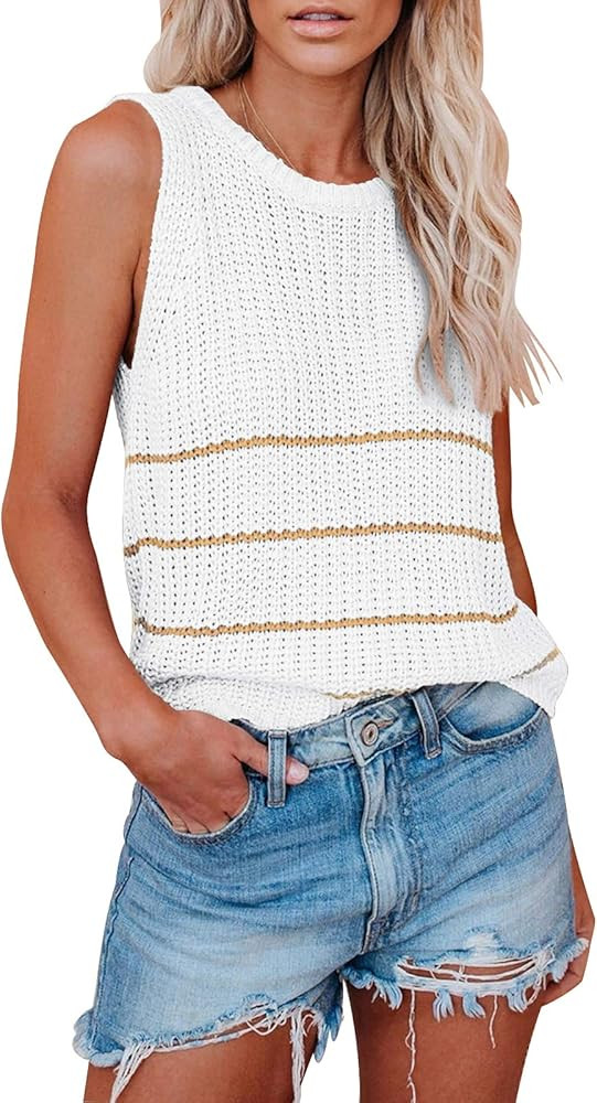 Grforclo Women's Summer Knit Striped Colorblock Tank Tops Sleeveless High Neck Crochet Knit Tunic... | Amazon (US)
