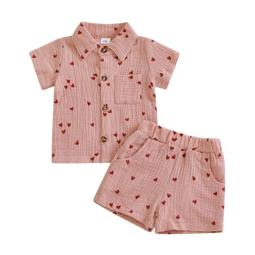 KtwHarnu Toddler Baby Boy Valentines Day Outfit Heart Print Cotton Linen Short Sleeve Button Down Shirt and Shorts Set (Pink, 6-12 Months) | Amazon (US)