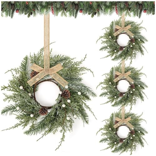 4 PCS Christmas Wreath Christmas Kitchen Cabinet Wreaths with Burlap Ribbon Mini Wreath Pine Garland Frosted Cedar Pine Cone Hanging Garlands Candle Rings for Front Door Window Chair Wall | Amazon (US)