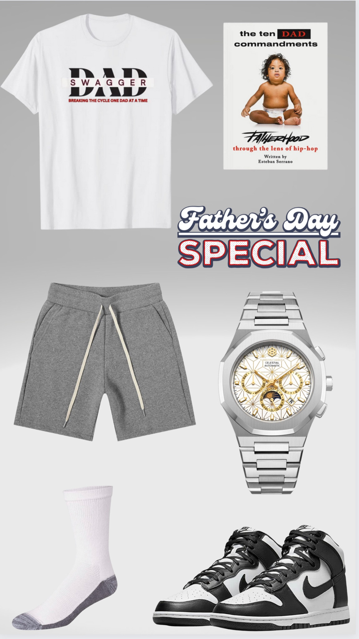 Fathers Day Gifts😎2023
Swaggerdad Tshirt, shorts, Nike dunks , socks, The Ten Dad Commandant Book, Turbion Carrera watch  

#LTKfamily #LTKFind #LTKGiftGuide