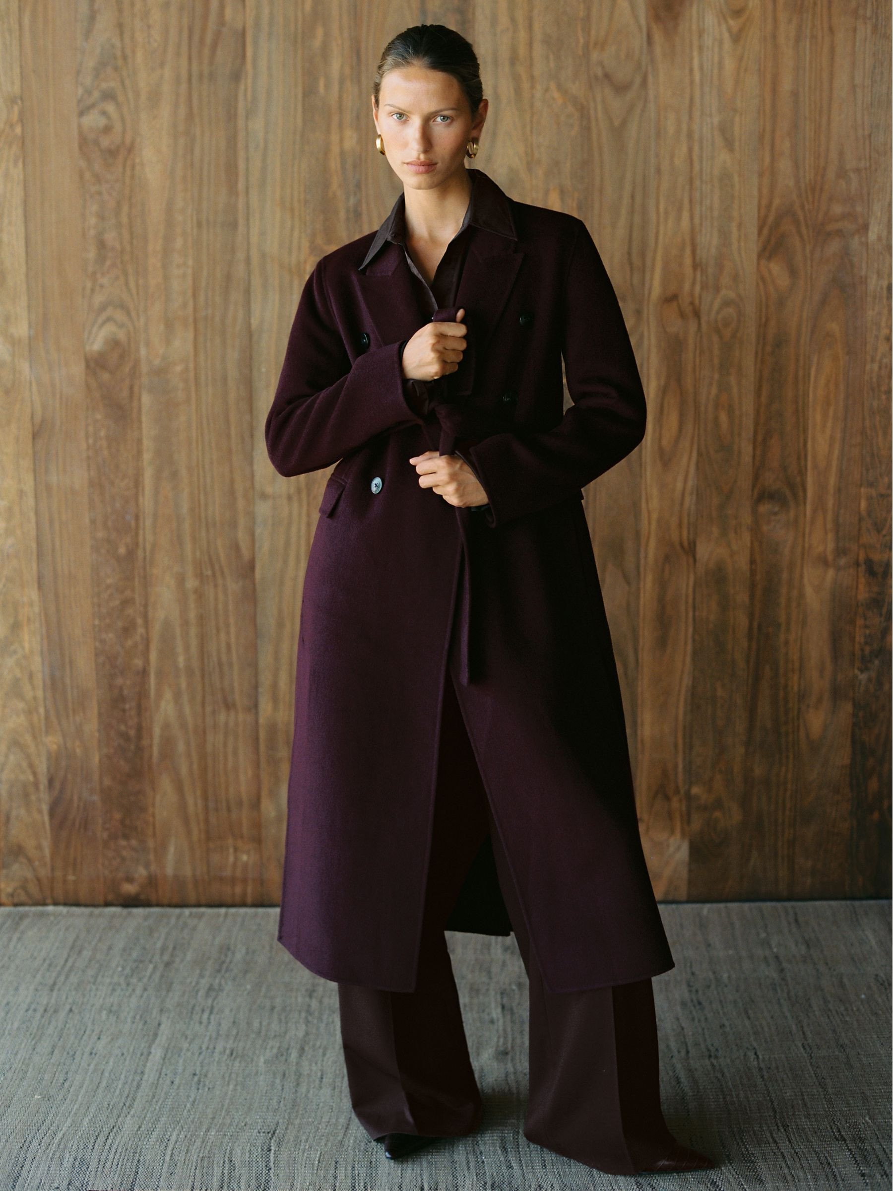 Double-Breasted Blindseam Coat Wool-Blend in Burgundy | Reiss UK