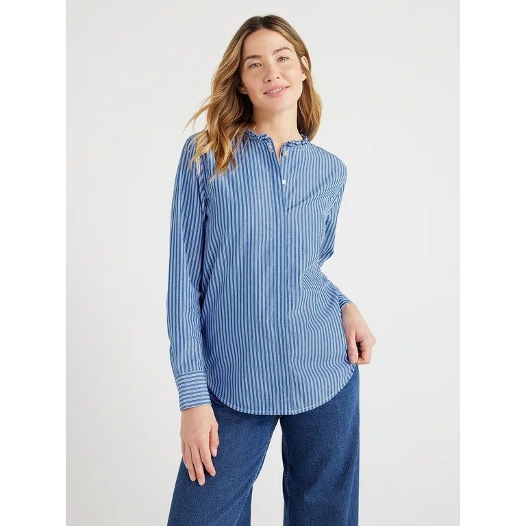Free Assembly Women’s Ruffle Neck Shirt with Long Sleeves, Sizes XS-XXL | Walmart (US)