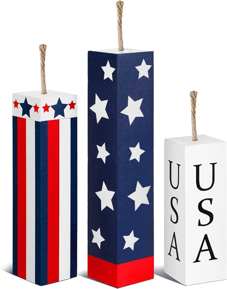 3 Pcs 4th of July Tiered Tray Decor Wood Memorial Day Decorations Wooden Firework Patriotic Rusti... | Amazon (US)