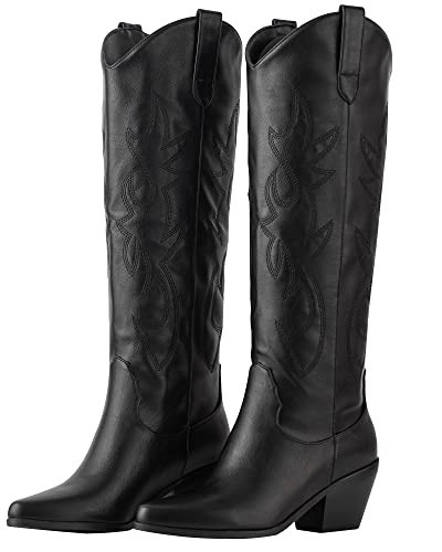 ZXHYZLZ Women's Black Cowboy Boots Knee High Seam Mid Heel Block Heel Almond Pointed Toe Fashion Classic Cowgirl Boots Slip-On Size 9.5 wide | Amazon (US)
