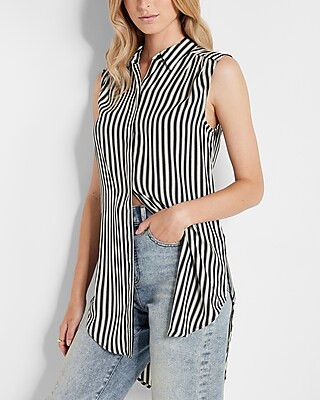 Sleeveless Pleated Shoulder Striped Tunic Shirt | Express