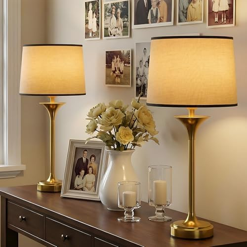 Cordless Table Lamp Set of 2 for Living Room, Gold Mid Century Modern Lamp with Tapered Fabric Sh... | Amazon (US)