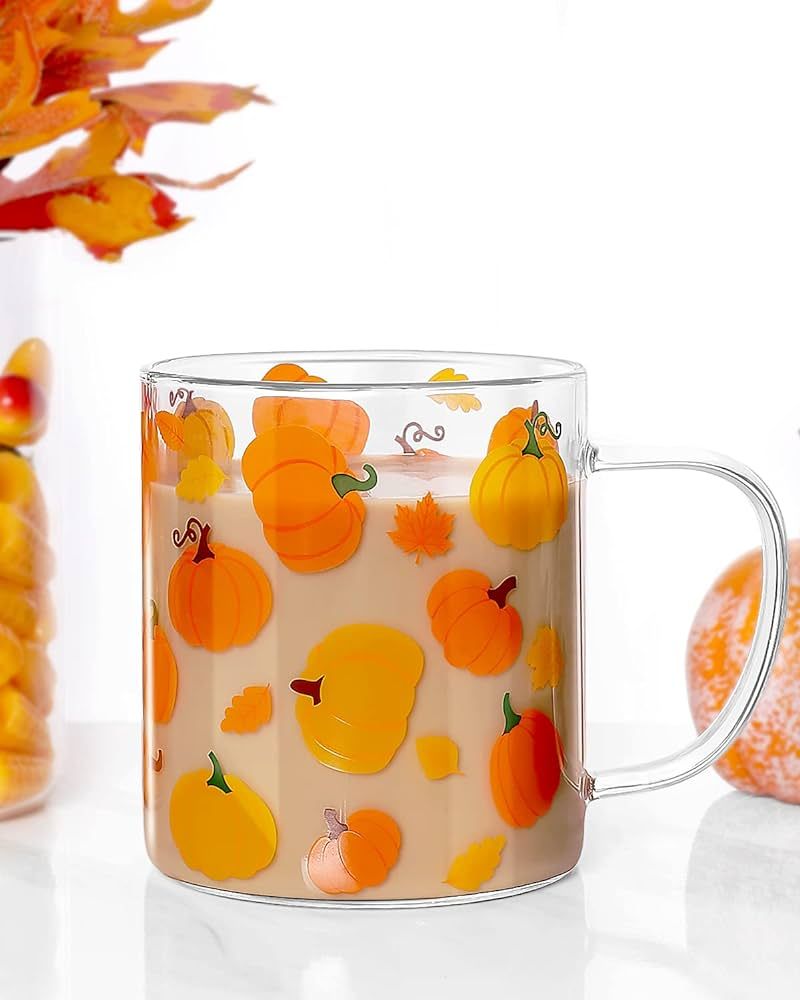 Pumpkin Glass Mug 15 Oz, Clear Fall Cup With Handle, Large Espresso Iced Coffee Glass, Hot Bevera... | Amazon (US)