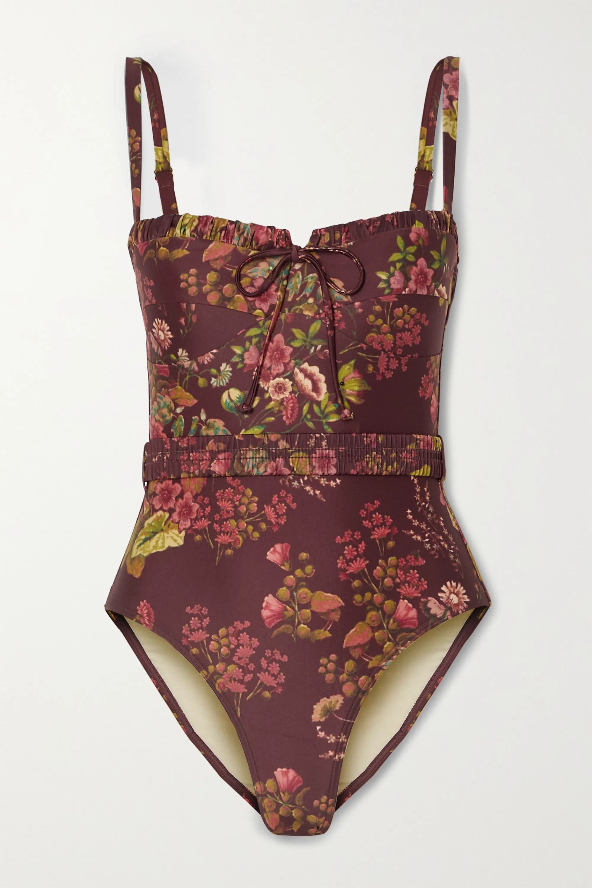 Merlot + NET SUSTAIN belted ruffled floral-print stretch-ECONYL swimsuit | Peony | NET-A-PORTER | NET-A-PORTER (US)