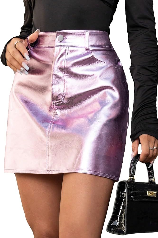 WDIRARA Women's High Waist Button Metallic Party Club Skirt with Pockets | Amazon (US)