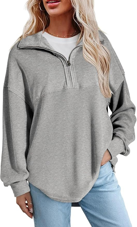SHEWIN Womens Fall Sweatshirt Casual Waffle Knit Half Zip Pullover Loose Long Sleeve Tops | Amazon (US)