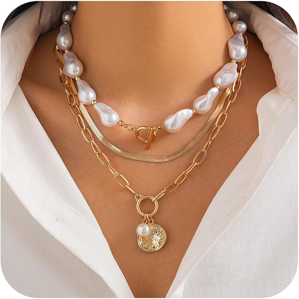 Gold Layered Necklaces for Women Chunky Layered Gold Necklaces Stacked Paperclip Chain Pearl Neck... | Amazon (US)