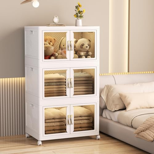 Abyssaly 33QT White Stackable Storage Bins with Lids Open Front, 3 Tier Large Double Doors Clothes Closet Organizers and Storage Clear Boxes with Wheels, for Home Office Dorm | Amazon (US)