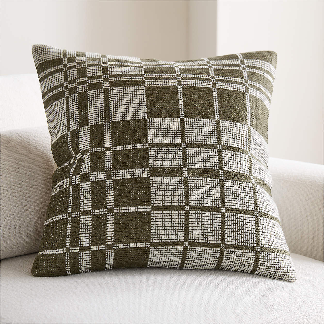 Wool/Linen Plaid 23"x23" Burnt Green Throw Pillow with Down-Alternative Insert | Crate & Barrel