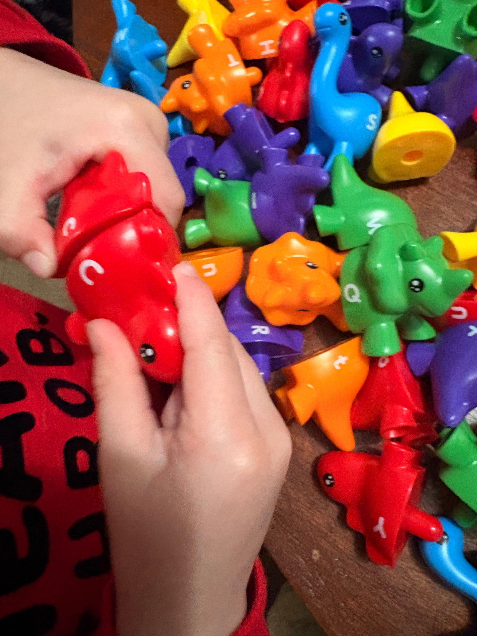 These Dino’s are upper and lowercase matching. They are durable plastic pieces sized perfectly for toddler hands. Bright vibrant colors spark genuine interest in learning.

#LTKKids #LTKmomlife