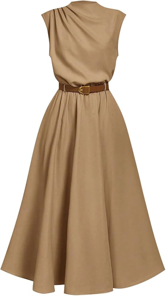 Women's Mock Neck Ruched Belted Dress Button Back Elegant Flared Sleeveless A Line Long Dress | Amazon (US)