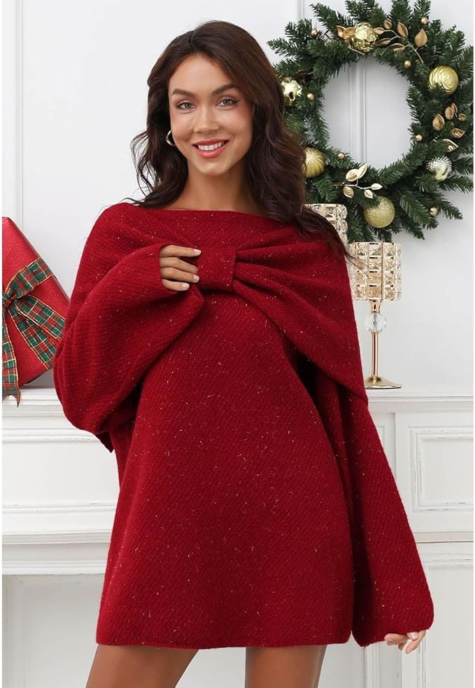 CHICWISH Women Bowknot 2 Pieces Mini Sweater Dress Boat Neck Long Sleeve Cute Metallic Mix Party ... | Amazon (US)