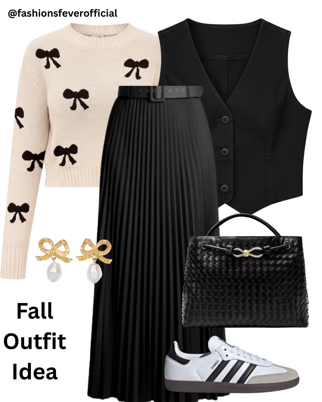 Fall Outfit Ideas For Women In 2025. The bow knit sweater top, paired with a black sophisticated vest and a black pleated skirt with belt. Adidas Samba and the black woven bag elevates the look further! Perfect for fall casual, brunch, business casual or a weekend look. #ltkfashion #ltkfall 


#LTKStyleTip #LTKParties #LTKSeasonal