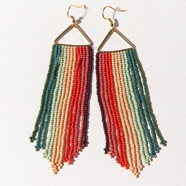 PINK PORT MINT TEAL STRIPE FRINGE ON TRIANGLE EARRINGS | INK+ALLOY