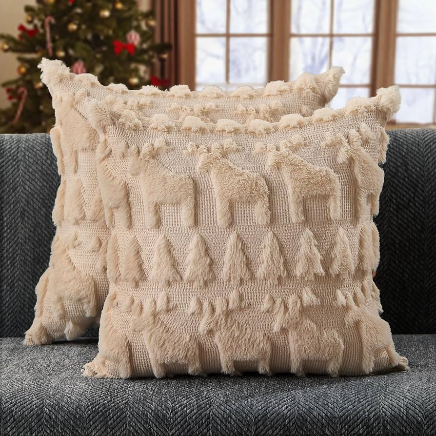 DFXSZ Christmas Pillow Covers 18x18 inch Set of 2 Beige Christmas Tree Elk Decoration Soft Plush ... | Amazon (US)