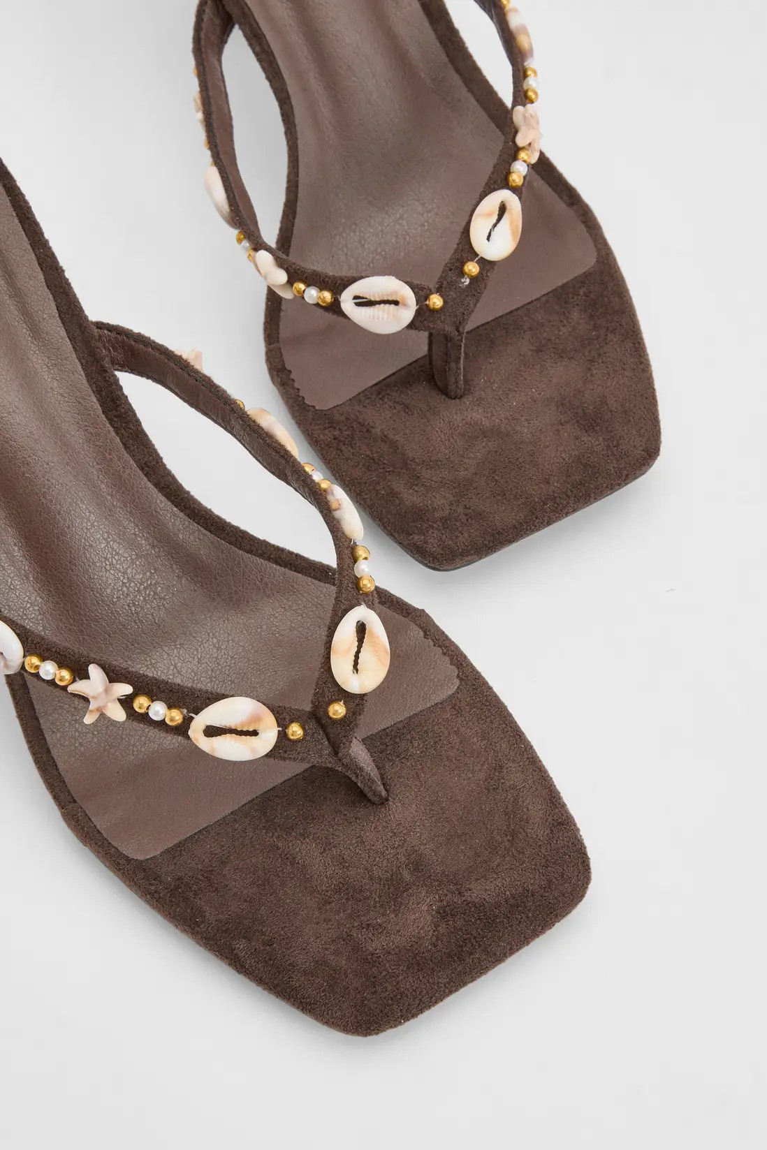 Chocolate Shell Detail Toe Post Heeled Mules | Boohoo | Boohoo.com (UK & IE)