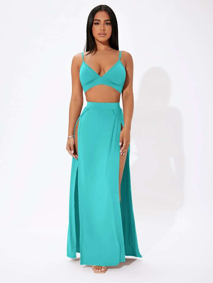 SHEIN PETITE Solid Cami Crop Top & Split Thigh Skirt Set | SHEIN