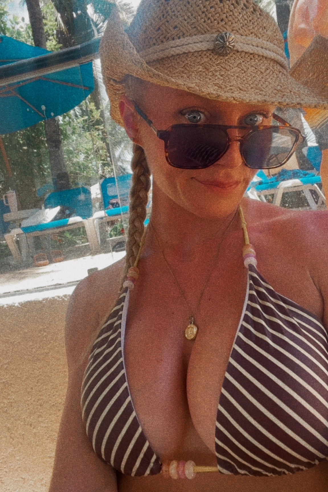 Yellow and brown striped beaded bikini - m, tortoise sunglasses, yellow low rise sequin skirt - s, off the shoulder sheer crochet sweater shall - one size 

#LTKootd #LTKSwim #LTKTravel