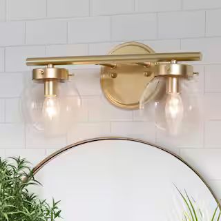 Uolfin Modern Light Gold Bathroom Vanity Light 14.2 in. W 2-Light Powder Room Wall Light with Glo... | The Home Depot